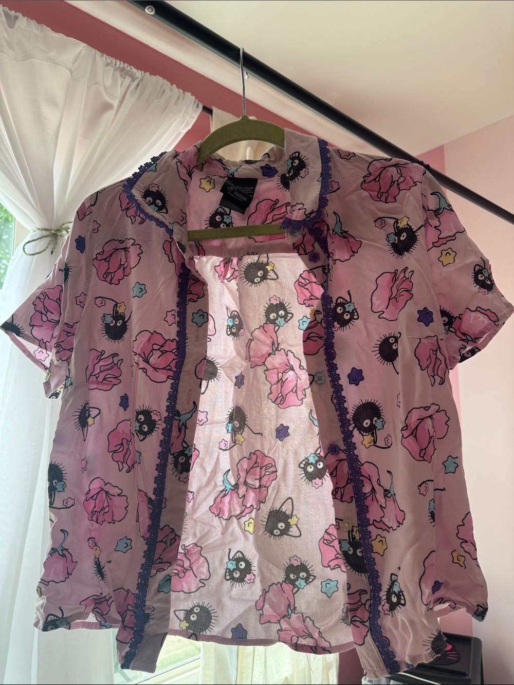 Pink Cartoon Floral Short-Sleeve Pajama Shirt with Lace Trim